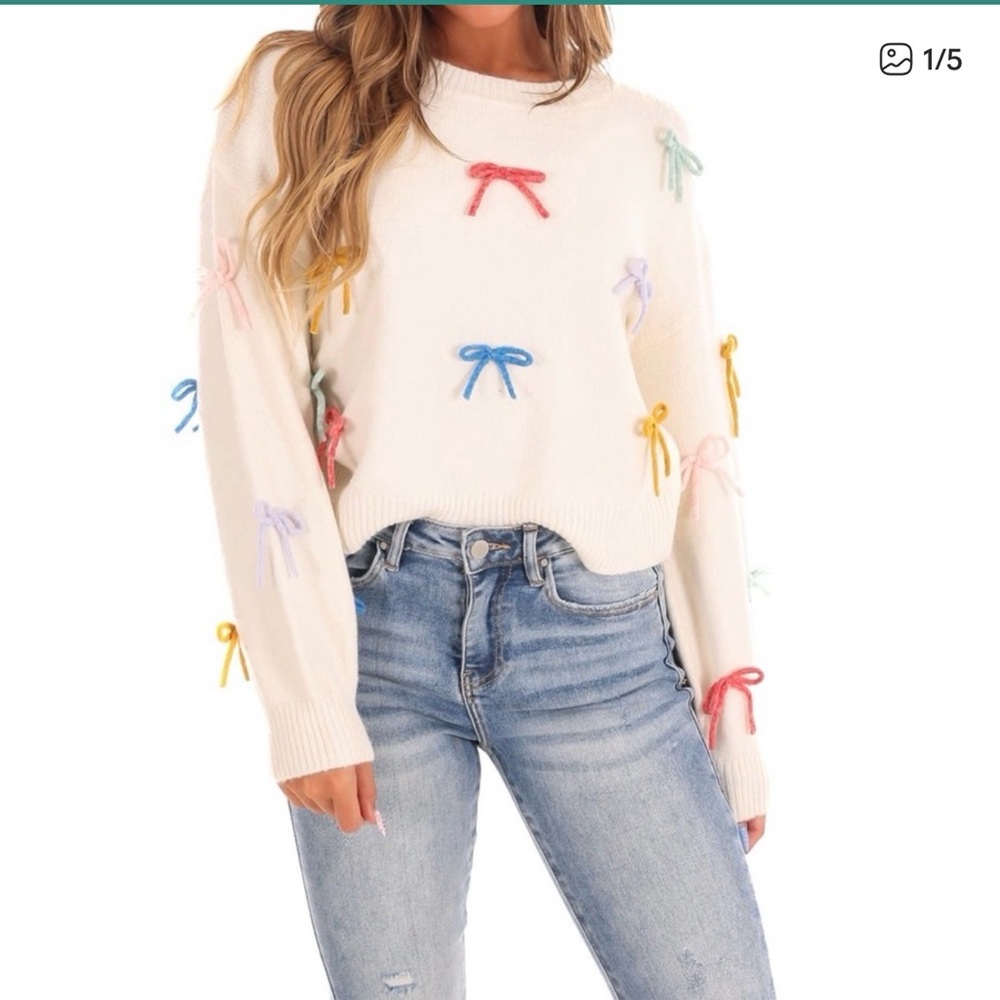 Anthropologie Luna Ivy 3D Multicolor Bow Coquette Sweater Crew Neck Size M